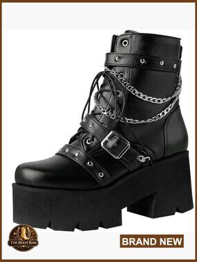 Goth Chunky Platform Ankle Boots Lace Up High Heel Motorcycle Boots with Chain